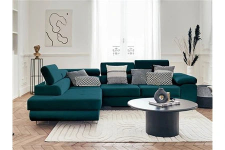 Canapé d'angle BestMobilier Pablo - canapé d'angle gauche - 5 places - convertible avec coffre et têtières réglables - en velours - Bleu canard