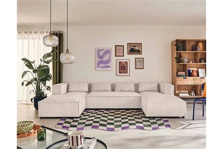 Canapé d'angle Lisa Design Stella - canapé panoramique en U - 7 places - en velours côtelé grosses côtes - Blanc