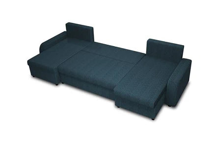 Canapé d'angle BestMobilier Valos - canapé panoramique en U - 7 places - convertible avec coffres - en velours côtelé - Bleu Ardoise