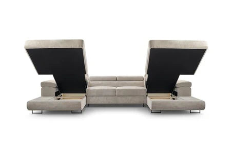 Canapé d'angle BestMobilier Pablo - canapé panoramique en U - 7 places - convertible avec coffres et têtières réglables - en velours côtelé - Beige