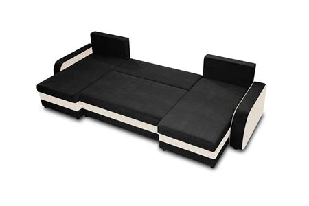 Canapé d'angle BestMobilier Valos - canapé panoramique en U - 7 places - convertible avec coffre - en velours - Noir / Blanc