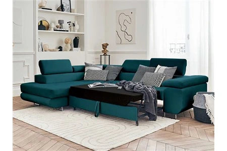 Canapé d'angle BestMobilier Pablo - canapé d'angle gauche - 5 places - convertible avec coffre et têtières réglables - en velours - Bleu canard