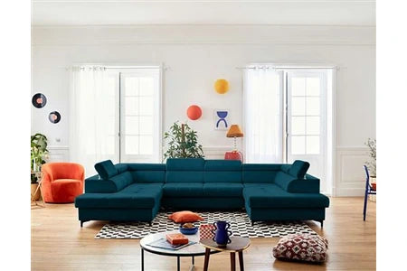 Canapé d'angle Lisa Design Merida - canapé panoramique en U - 7 places - convertible avec coffres et têtières réglables - en velours - Bleu canard