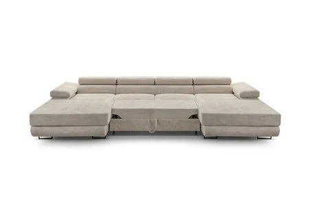 Canapé d'angle BestMobilier Pablo - canapé panoramique en U - 7 places - convertible avec coffres et têtières réglables - en velours côtelé - Beige