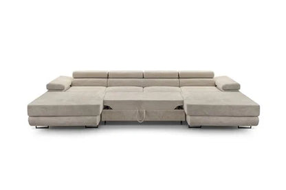 Canapé d'angle BestMobilier Pablo - canapé panoramique en U - 7 places - convertible avec coffres et têtières réglables - en velours côtelé - Beige