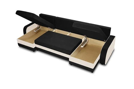 Canapé d'angle BestMobilier Valos - canapé panoramique en U - 7 places - convertible avec coffre - en velours - Noir / Blanc