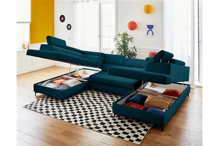 Canapé d'angle Lisa Design Merida - canapé panoramique en U - 7 places - convertible avec coffres et têtières réglables - en velours - Bleu canard