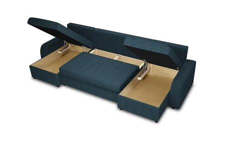 Canapé d'angle BestMobilier Valos - canapé panoramique en U - 7 places - convertible avec coffres - en velours côtelé - Bleu Ardoise