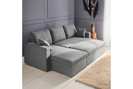 Canapé d'angle Sweeek Canapé d'angle convertible en tissu gris clair - IDA - 3 places fauteuil d'angle réversible coffre rangement lit modulable