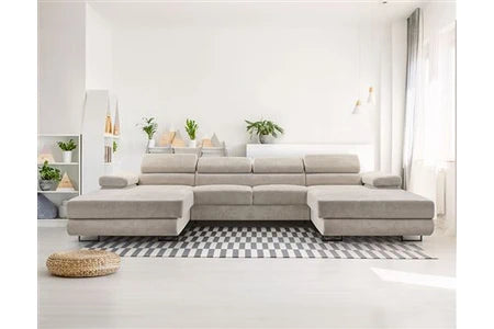 Canapé d'angle BestMobilier Pablo - canapé panoramique en U - 7 places - convertible avec coffres et têtières réglables - en velours côtelé - Beige