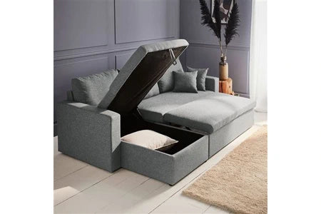 Canapé d'angle Sweeek Canapé d'angle convertible en tissu gris clair - IDA - 3 places fauteuil d'angle réversible coffre rangement lit modulable