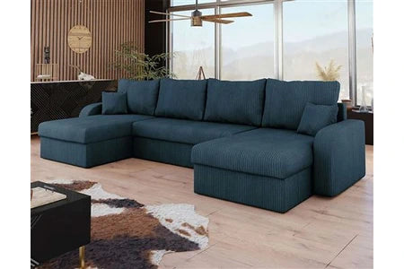 Canapé d'angle BestMobilier Valos - canapé panoramique en U - 7 places - convertible avec coffres - en velours côtelé - Bleu Ardoise