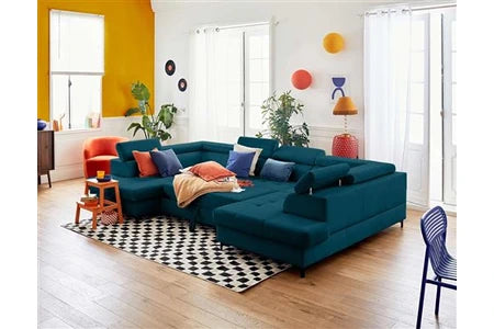 Canapé d'angle Lisa Design Merida - canapé panoramique en U - 7 places - convertible avec coffres et têtières réglables - en velours - Bleu canard