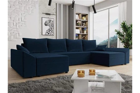 Canapé d'angle BestMobilier Mike - canapé panoramique en U - 7 places - convertible - avec coffre - en velours - Bleu marine