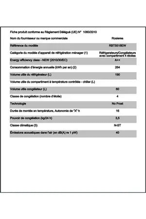 Réfrigérateur congélateur en bas Rosieres RBT5518EW - ENCASTRABLE 177 cm