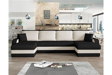 Canapé d'angle BestMobilier Valos - canapé panoramique en U - 7 places - convertible avec coffre - en velours - Noir / Blanc