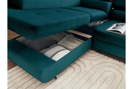 Canapé d'angle BestMobilier Pablo - canapé d'angle gauche - 5 places - convertible avec coffre et têtières réglables - en velours - Bleu canard