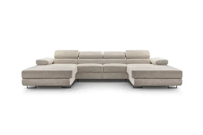 Canapé d'angle BestMobilier Pablo - canapé panoramique en U - 7 places - convertible avec coffres et têtières réglables - en velours côtelé - Beige