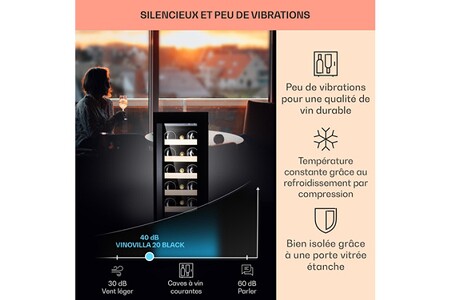 Cave de service KLARSTEIN CAVE À VIN ENCASTRABLE - VINOVILLA 20 - 50 L / 20 BOUTEILLES PORTE VITRÉE ACIER INOXYDABLE - NOIR