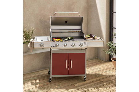 Barbecue ALICE'S GARDEN BARBECUE GAZ INOX 17KW - RICHELIEU ROUGE - BARBECUE 5 BRÛLEURS DONT 1 FEU LATÉRAL. CÔTÉ GRILL ET CÔTÉ PLANCHA