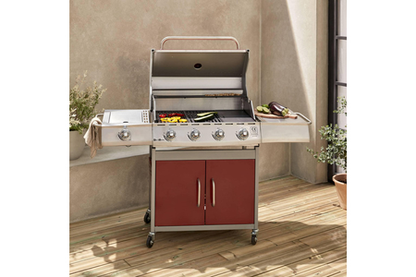 Barbecue ALICE'S GARDEN BARBECUE GAZ INOX 17KW - RICHELIEU ROUGE - BARBECUE 5 BRÛLEURS DONT 1 FEU LATÉRAL. CÔTÉ GRILL ET CÔTÉ PLANCHA
